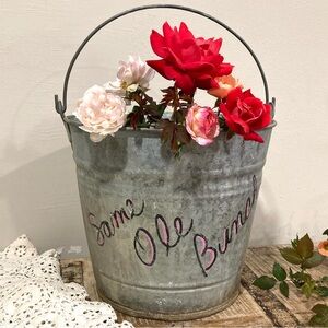 Old Galvanized Bucket with Distressed Finish Writing & Sticker 9” Tall